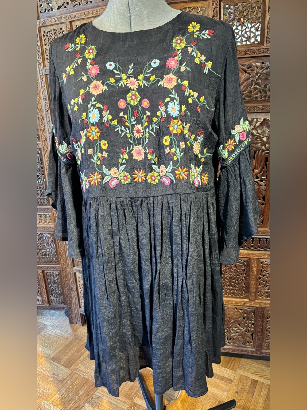Umgee Black Dress with Multicolor Floral Embroidery
